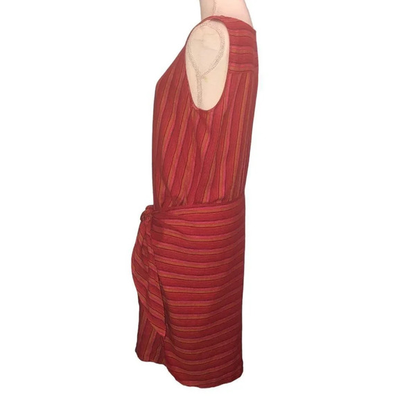 Drew Sz M Women's Striped Red Pink Orange Linen Blend Wrap Waist Tie Front Dress - Picture 6 of 10